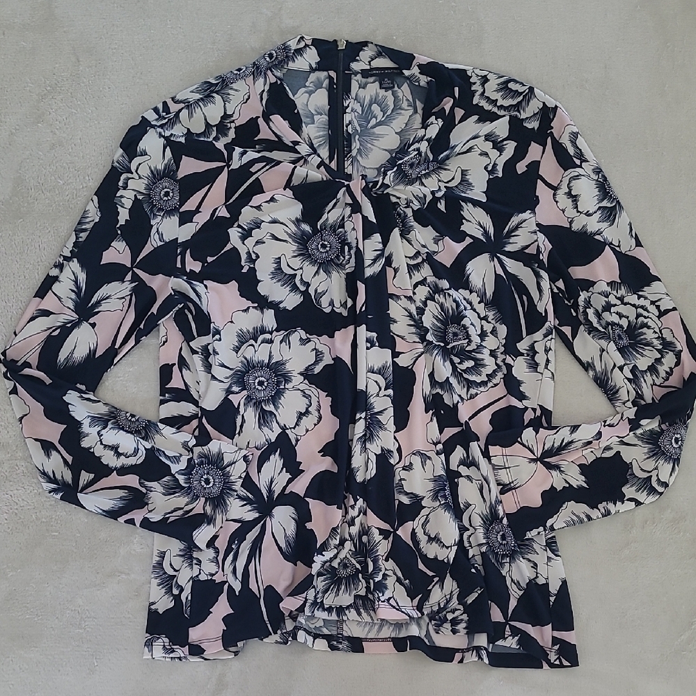 Tommy Hilfiger Floral Blouse XL Navy Pink White Long Sleeve Back Zip Stretch